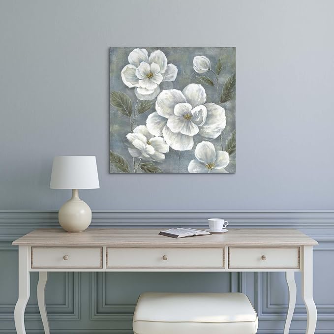 summer melody White Floral Canvas Wall Art - Vintage Blooming Gray Flowers Painting Abstract Botanical Picture Modern Prints Artwork for Bedroom Living Room