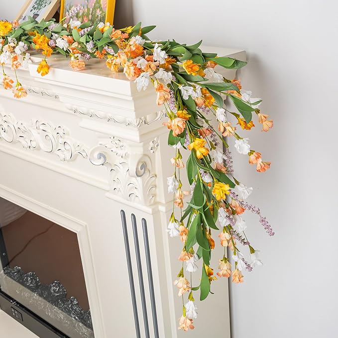 Artgar Flower Garland 6Ft Spring/Summer Garland Floral Garlands for Mantle All Year Round Paper Garlands Decor for Indoor Outdoor Home Wedding Arch Porch Stair Backdrop Year Round Decor (Yellow White)