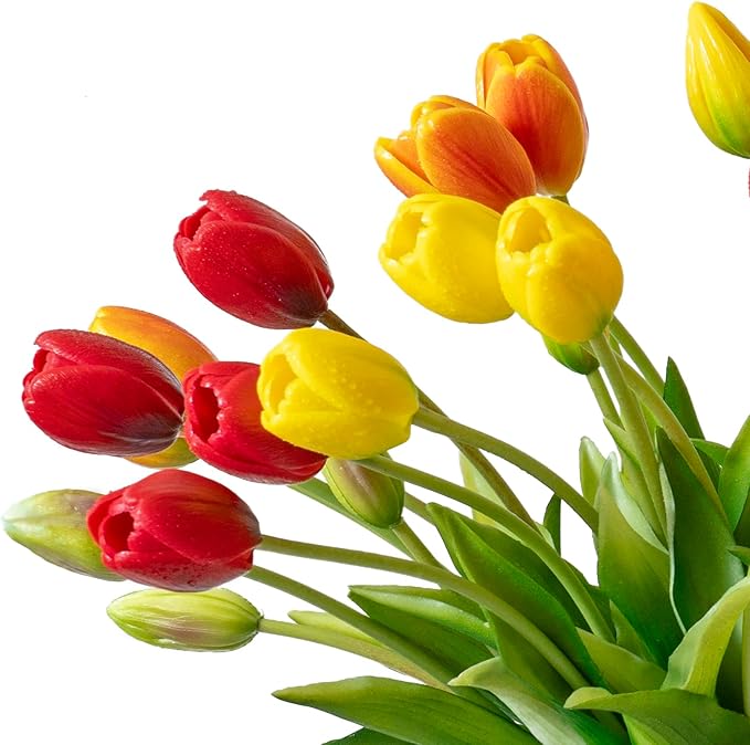 40pcs Artificial Tulips Flowers, Real Touch Latex Bouquet, Fake Tulips for Office Wedding Party Home Kitchen Garden Decoration-B Red Suit