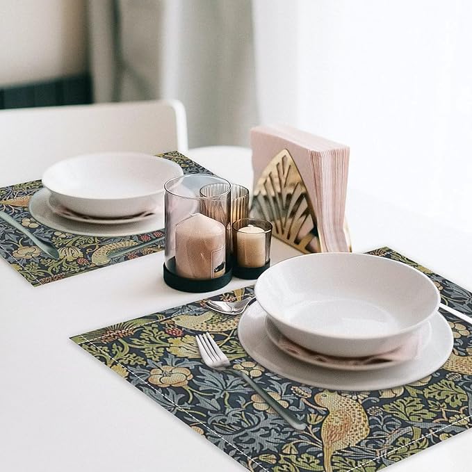 William Morris Floral Placemats Set of 4, Vintage Flower Strawberry Birds Place Mats, Heat Resistant Non Slip Cotton Linen Dining Table Mats for Home Kitchen Party 18x12 Inch
