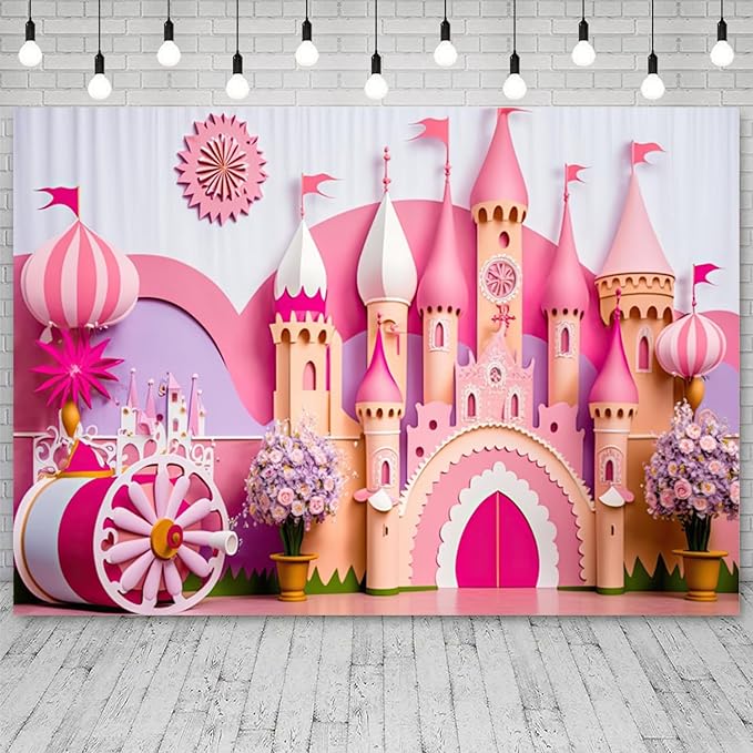 8x4ft Princess Castle Backdrop Pink Purple Floral Girl Birthday Photography Background Kids Birthdays Newborn Baby Shower Banner Decorations Wedding Party Portrait Photo Booth Prop