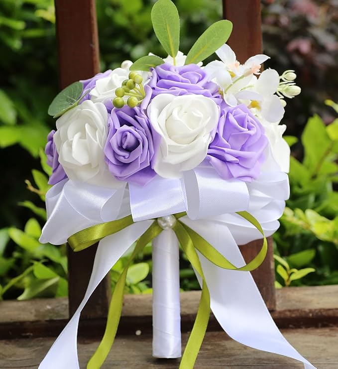 Lightweight Bridal Wedding Bouquet Round Holding Bouquet Throw Toss Artificial Rose Flower Bunch for Bride Bridesmaid Wedding Quinceanera (White & Mid Purple, 9.1")