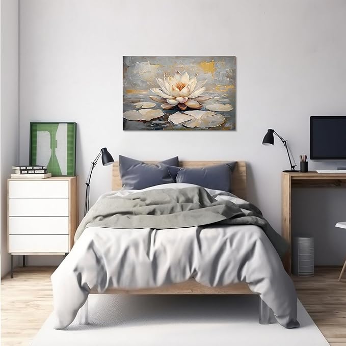 Ethereal white lotus floating on Crystal Waters poster vintage oil painting printwall art soft blush and gold accents serene home and office decor dreamy 16x24in Frameless