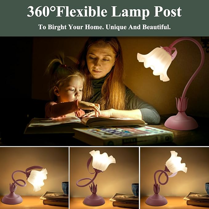 Flower Table Lamp, 3 Level Brightness Vintage Flower Reading Light with E26 Bulb, Cute Desk Lamp Bedside Lamps Lily Lamps for Nightstands Living Room Bedroom Ambient Lighting Home Decor