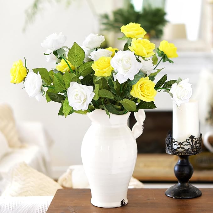 FiveSeasonStuff Real Touch White Artificial Roses – 12 Silk Rose Stems with Lifelike Blooms for Weddings, Bouquets, Centerpieces & Home Decor