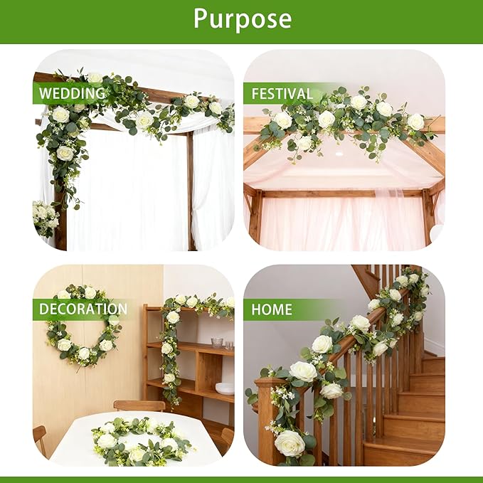 2 Pack 5.9 FT Artificial Flower Garland with Lights, Fake Floral Garland with 12 White Roses, White Flower Decorations for Arch Table Centerpieces Backdrop Party Home Wedding Decorations