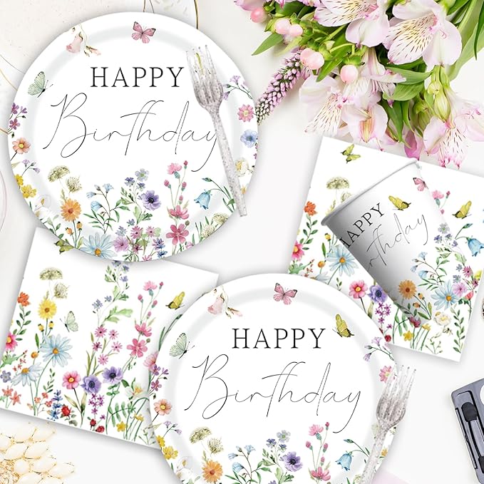Wildflower Birthday Party Decorations for Girls Women, Banner Centerpieces Cupcake Toppers Tablecloth, Spring Floral Paper Plates Napkins Cups Forks Straws Supplies Serve 20