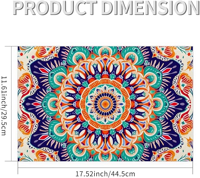 Ethnic Colorful Flower Mandala Placemats Set of 4 PVC Vinyl Non Slip Table Mats Waterproof Heat Resistant Place Mats Washable Wipeable Dining Table Mat for Kitchen Party Farmhouse Indoor Decorative