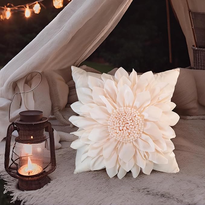 Bella's Giftshop 3D Sunflower Decorative Throw Pillow Covers for Bed Sofa Couch Car, Accent Floral Cushion Cover, Handmade Pillow Cases Living Room Decor, 17x17 Inch-Cream/White
