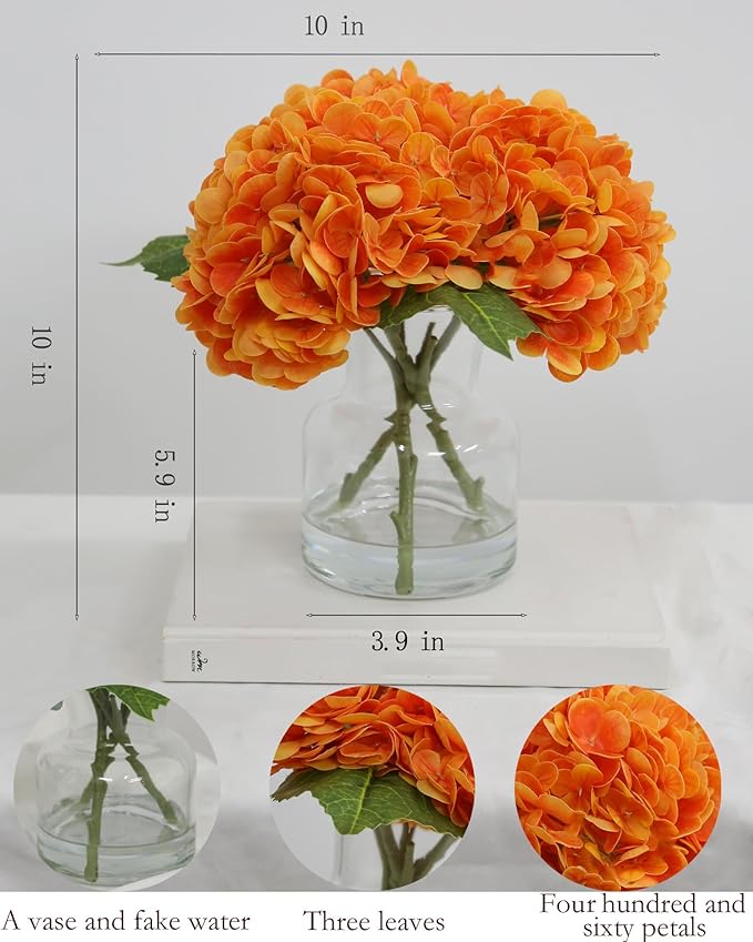 Lifelike Artificial Hydrangea Arrangement in Decorative Vase - Real Touch Fake Flowers for Home, Office, Bathroom or Water Bar Decor, Elegant Table Centerpiece (No Water Needed) (Orange)