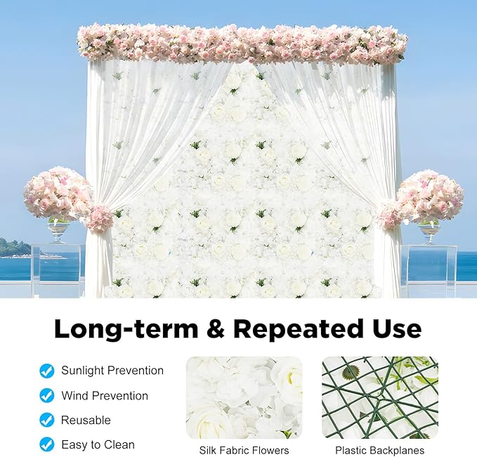 12Pcs Artificial Flower Wall Panel,3D 15" X 15" Silk Rose Mat Artificial Flower Wall,Decorative Backdrop Flower Panels Wall for Wedding Party Stage Baby Shower Decor (White)