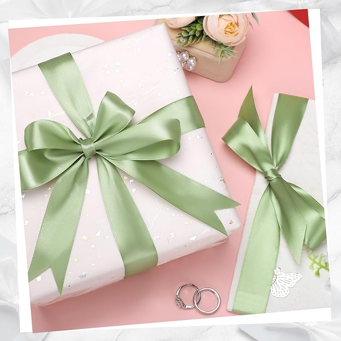 Sage Green Ribbon 1 Inch 60 Yards Double-Sided Fabric Light Green Satin Ribbon for Gift Bags Baskets Dorm Room Decor Wedding Gift Wrapping Cake Hair Bows Handmade Project