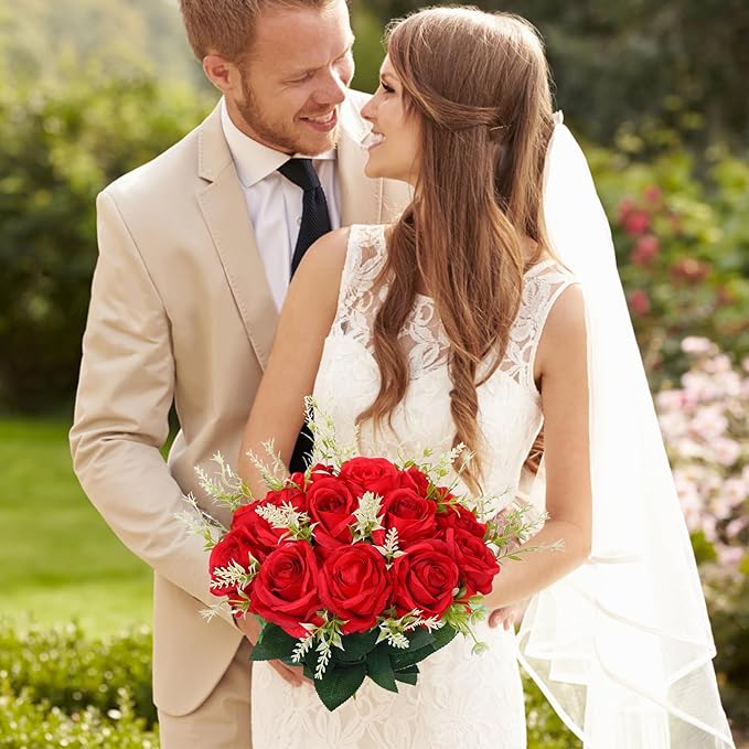 50PCS Artificial Silk Roses Flowers – Realistic Fake Roses in Bulk & Bouquet Long Stem Red Rose for Wedding Centerpieces, Home Decor, Floral Arrangements, Party Decoration (Red)