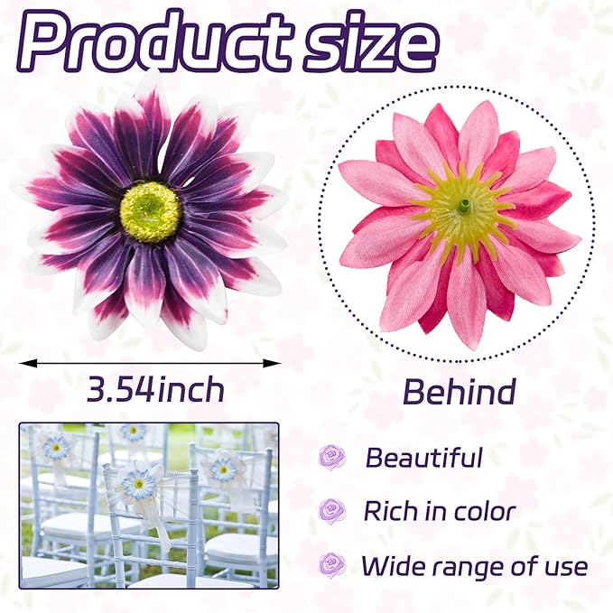Artificial Daisy Flower Heads, 3.5 Inch Large Flower Heads for Crafts, 12 Pcs Artificial Gerbera Chrysanthemum Flowers Heads for DIY, Party Wedding, Photography Props, Easter (Deep Purple)