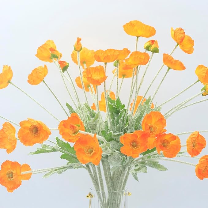 2 Pcs Artificial Fake Flowers Poppies Silk Flower Arrangements Wedding Bouquets Decorations Plastic Floral Table Centerpieces for Home Kitchen Garden Party Decor Approx 23.6" High - Light Orange