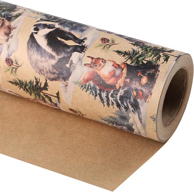 WRAPAHOLIC 30 Inch Kraft Christmas Wrapping Paper - 30 Inch x 33 Feet - Wild Animals Winterfall Watercolor Design for Christmas, Holiday, Party Celebration