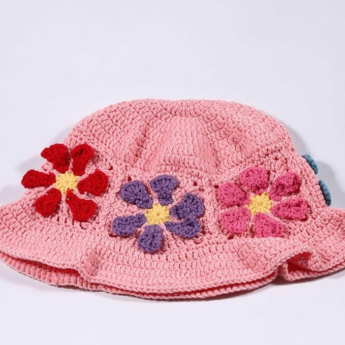 Crochet Bucket Hat for Women Flower Knit Hat Hollow Out Foldable Cap Hats