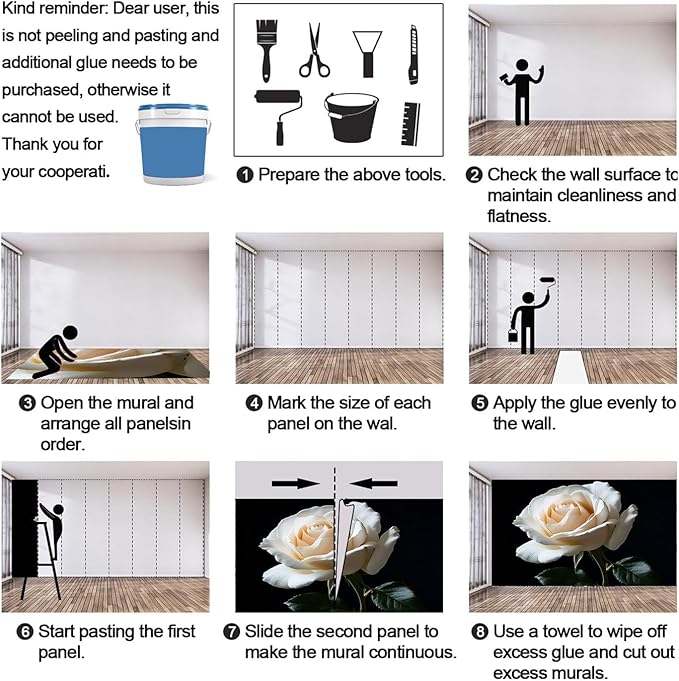 White Rose Wall Mural, Romantic White Rose 3D Wall Murals, Simple Elegant Flowers Wallpaper Mural, for Living Room Bedroom Large Wallpaper Indoor Decor 197" W x124.8 H