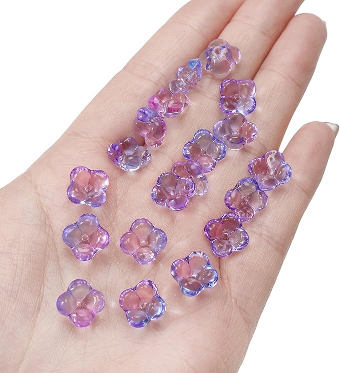 100PCS Glass Flower Beads for Jewelry Making 4 Petal Flower Bead Caps Gradient Cute Floral Beads Aesthetic Charms for Necklace Bracelets Earrings DIY Craft Home Decoration-Blue Purple