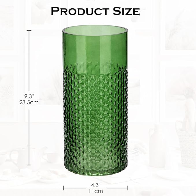 Green Glass Cylinder Vase for Flowers, 8.7" x 4" Thickened Votive Candle Holder Modern Hydroponic Ornament for Home Living Room Wedding Centerpieces Office Table Decor