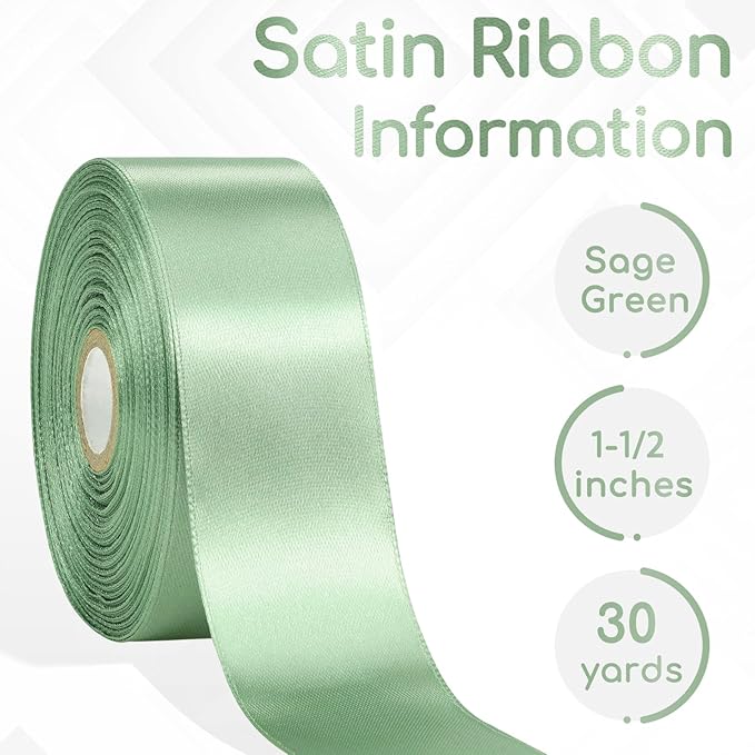 Sage Green Ribbon 1-1/2 Inch 30 Yards, Light Green Satin Ribbon for Gift Wrapping, Flower Bouquet, Crafts, Baby Shower, Christmas, Wedding and Bow Making