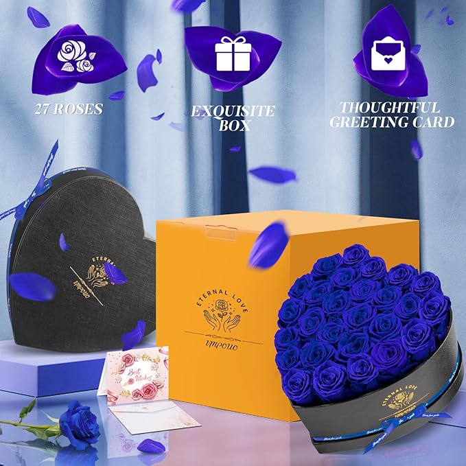Preserved Rose in Heart Shape Box, 27 Forever Flowers, Eternal Roses, Birthday Gifts for Women, Wife, Her, Mother's Day, Blue