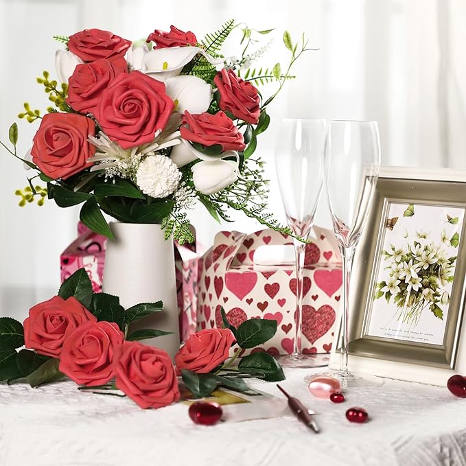 100 Pieces Artificial Foam Rose Flowers Faux Bouquet with Leaves and Stems for DIY Wedding Bouquets Centerpieces Bridal Shower Party Valentine Home Decorations(Red)