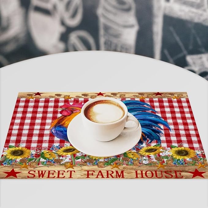 Rooster Placemats,Farm Vintage Rustic Farmhouse Lattice Sunflower Flower Chicken Animal Print Washable Fabric Placemats Table Kitchen Dining Party 12x18 Inch Set of 6