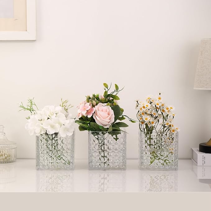 Square Vases Set of 6, 4" x 4" x 4" Square Glass Vases for Flowers, Clear Flower Vase for Centerpieces, Small Bubble Vase for Wedding, Party, Home, Office, Parties, Events