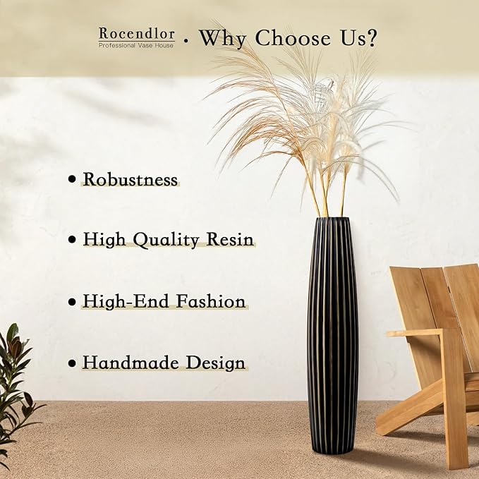 Floor Vases, Tall Floor Vase 23.6 inch (60CM, 1.96FT) Tall Vases, Sturdy Black Vase for Living Room Decor, Resin Bronze Color