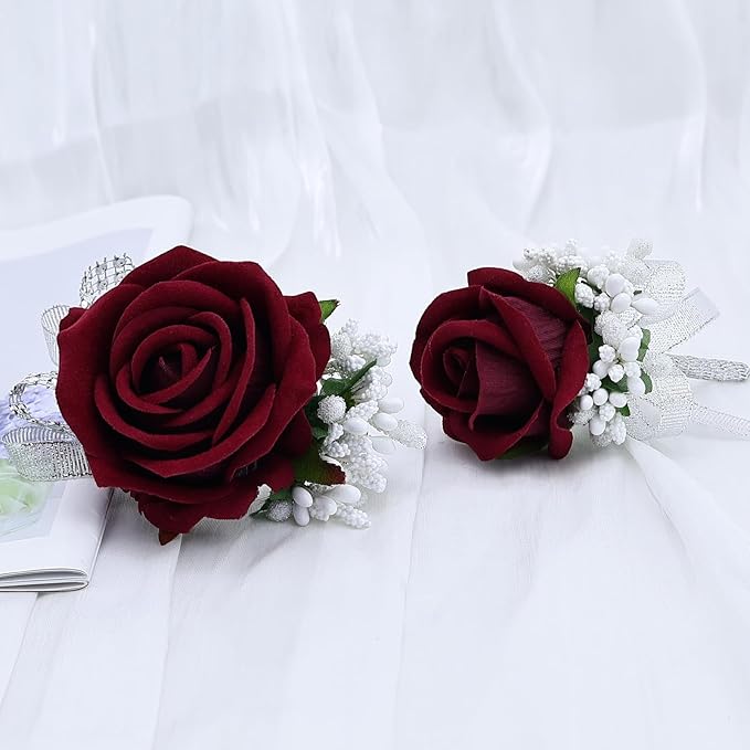 2Pcs Burgundy Rose Corsage and Boutonniere Set, Artificial Wrist Corsage Wristlet Bracelets, Men Boutonniere for Wedding Party Formal Dinner Flowers Accessories Prom Decorations