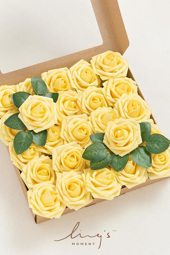 Ling’s Moment Artificial Flowers 25Pcs French Yellow Roses Decor w/Stems,3" Real Touch DIY Foam Floral for Wedding Bouquet/Centerpieces, Outdoors Party Backdrop, Room/Table, and Garden/Pot Decorations