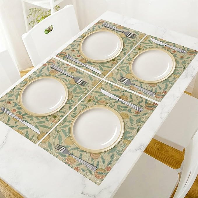 Vintage Floral Placemats Set of 6, William Morris Retro Fruit Boho Botanical Plant Place Mats, Heat Resistant Non Slip Cotton Linen Dining Table Mats for Home Kitchen Party 18x12 Inch