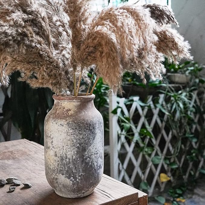 SIDUCAL Rustic Ceramic Farmhouse Flower Large Vase, Whitewashed Terra Cotta Vase, Pottery Decorative Flower for Home Decor, Table, Living Room Decoration, Shelf Decor, Mantel, 9.5 Inch, Terra