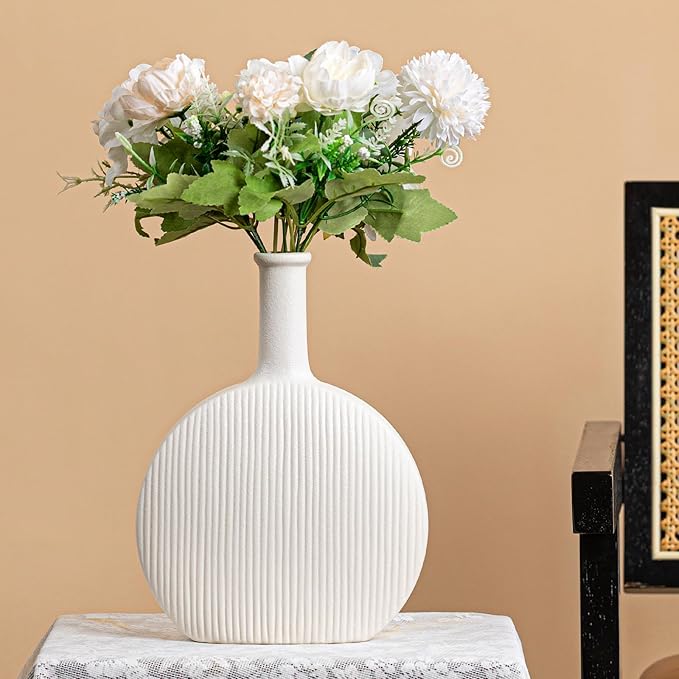 White Ceramic Vase with Vertical Fluted Texture - 9.8" Unique Flower Vase for Pampas Grass & Centerpieces, Decorative Boho/Farmhouse Vase for Living Room, Office Desk & Gift for Her/Yourself