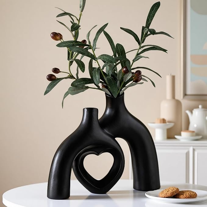 Hug Donut Ceramic Decorative Vase Set, Snuggle Hollow Modern Nordic Boho Style Vases for Home Decor Living Room Shelf Bookshelf Mantle Entryway Table Console Décor (Matte Black)