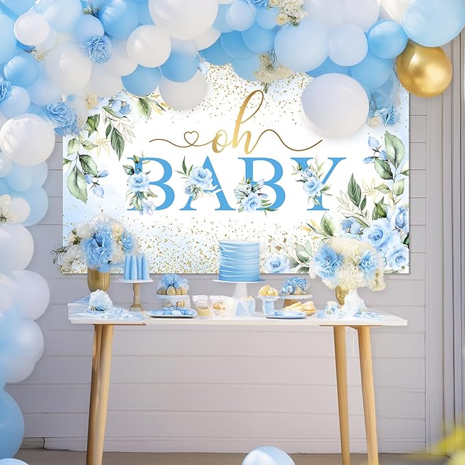 Mocsicka Oh Baby Backdrop Blue Floral Baby Shower Banner for Boys Party Decorations Photo Booth Props (Blue, 7x5ft)