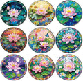 ANATTASOUL Coasters Set of 9 Lotus and Pond Pattern Colorful Wooden Coasters Bulk Round Housewarming Gift for New Home, 3.9" Decorative Coffee Table Protection for Farmhouse Bar House Decor
