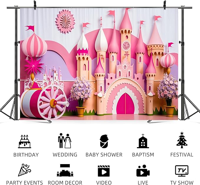 5x4ft Princess Castle Backdrop Pink Purple Floral Girl Birthday Photography Background Kids Birthdays Newborn Baby Shower Banner Decoration Wedding Party Portrait Photo Booth Prop