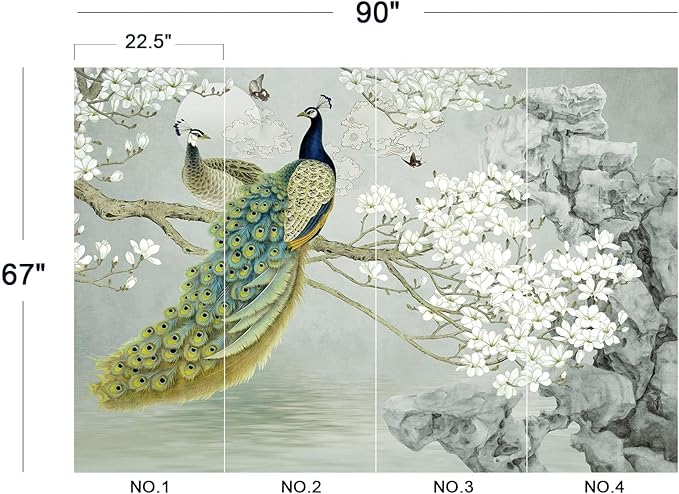 Eierme-Flower Pattern Peacock Illustration Wallpaper Mural Wallpaper Peel and Stick 90" x 67"