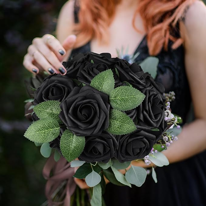 AmyHomie Artificial Flowers Black Rose 25pcs Real Looking Fake Roses w/Stem for DIY Wedding Bouquets Centerpieces Arrangements Party Baby Shower Valentines Day Christmas Tree Decorations