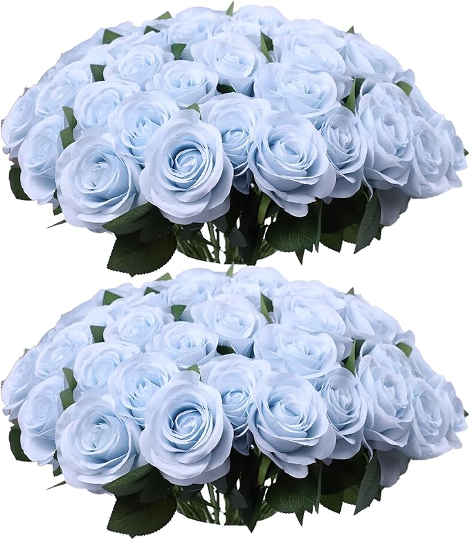 52pcs Light Blue Roses Artificial Flowers Fake Flowers Silk Roses with Stems for DIY Wedding Bouquets Bridal Shower Centerpieces Arrangements Party Decorations