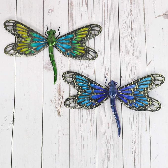 HONGLAND 2Pcs Metal Dragonfly Wall Decor Outdoor Dragonfly Wall Art Glass Sculpture for Home Garden,Gradient Blue&Green