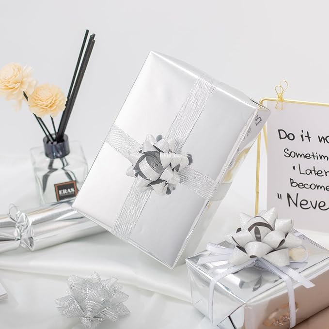 Merture Metallic Silver Wrapping Paper Roll - 17 In X 787.4 In (92.6 sqft) Solid Color Silver Gift Wrap with Cutting Lines for Christmas, Wedding, Birthday, Valentines Day, Mothers Day, Baby Shower