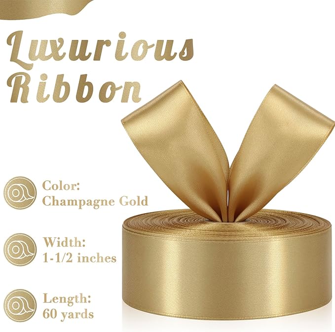 Champagne Gold Ribbon 1-1/2 Inch, 60 Yards Polyester Gold Satin Ribbon for Gift Wrapping, Fabric Ribbon for Flower Bouquet Crafts Wedding Christmas
