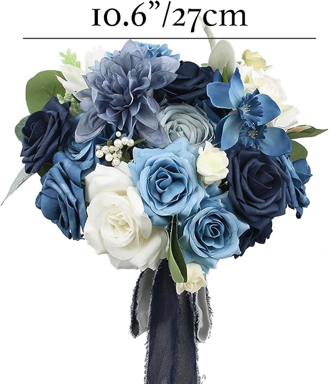 Rinlong 10.6 Inch Wedding Bouquets for Bride Navy Blue Bridal Bouquet for Wedding Artificial Flowers Silk Bouquet