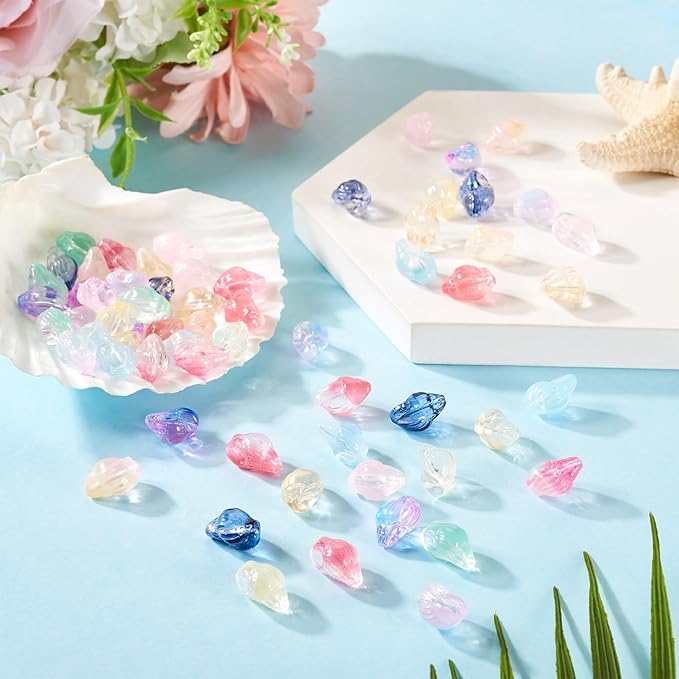 66Pcs Glass Conch Shell Beads Colorful Spiral Shells Glass Crystal Beads Transparent Spray Paint Ocean Beach Seashell Bead Marine Life Bead for DIY Craft Bracelet Earring Jewelry Making