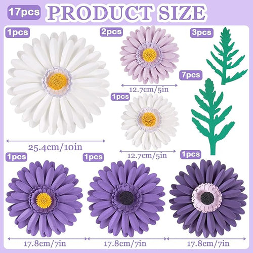 17PCS Purple Paper Flowers Decorations for Wall Artificial 3D Giant Daisy Paper Flowers Classroom Bulletin Board Floral Backdrop Hanging for Tea Party Wedding Baby Shower Purple Birthday Decorations
