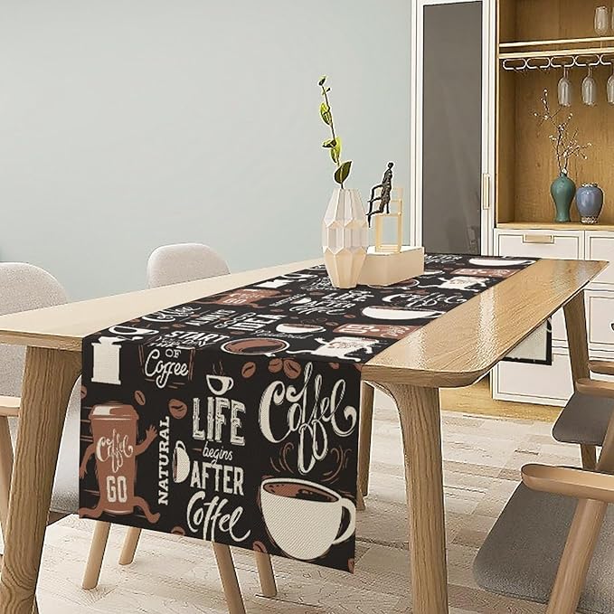 Coffee Theme Table Runner Coffee Time Retro Black Dress Scarves Farmhouse Dinner Runner for Kitchen Dining Coffee Table Decoration Cabin Home Holiday Party 13x36in