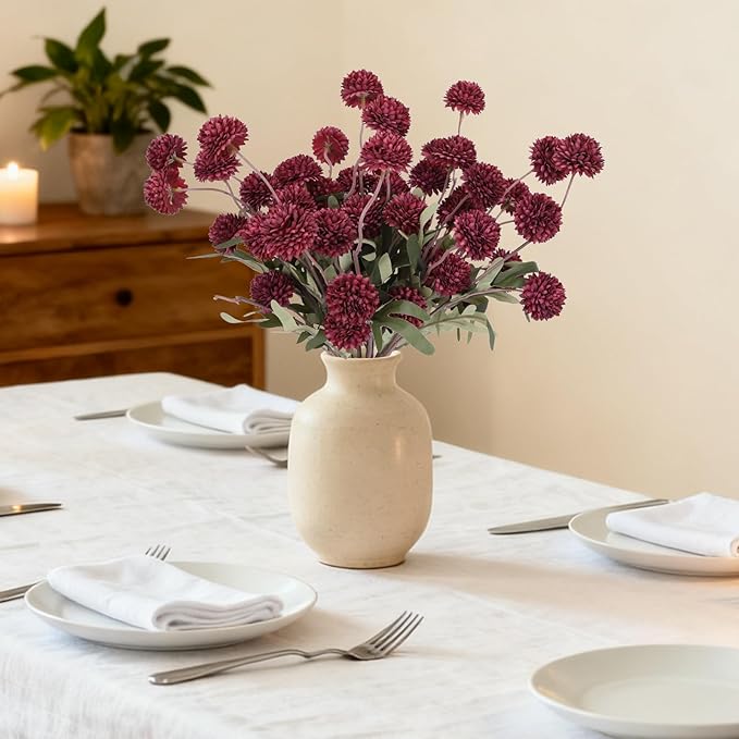 Burgundy Pompon Mum Artificial Flowers with Eucalyptus – 10 Bundles Fake Silk Flowers for Vase , 21’’ Long Stems for Christmas Table Centerpieces, Winter Floral Arrangements & Rustic Home Décor